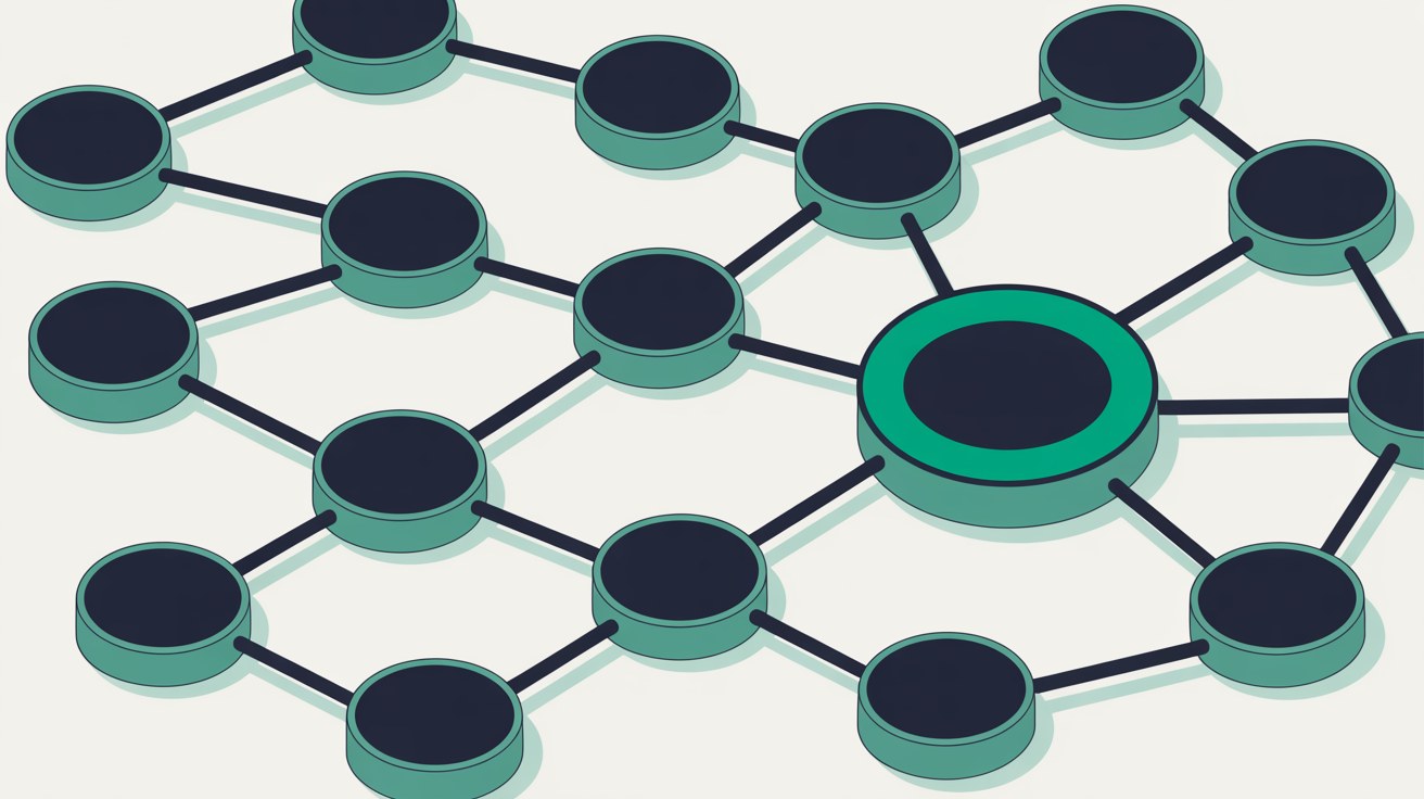 A single teal signpost node glowing red among a calm network of grey nodes on a warm off-white background, suggesting one flagged point in a trusted system