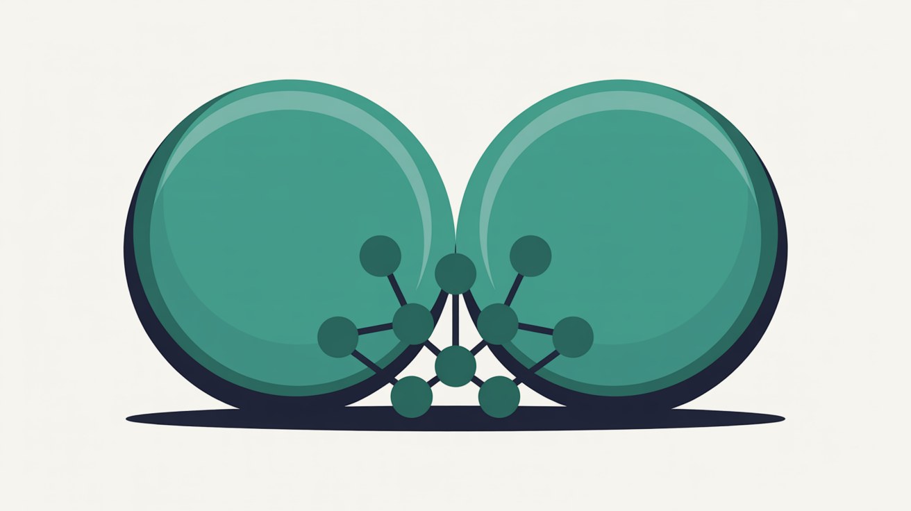 Two overlapping teal circles forming a protective boundary around a cluster of connected nodes on a warm off-white background, suggesting layered defence around a network