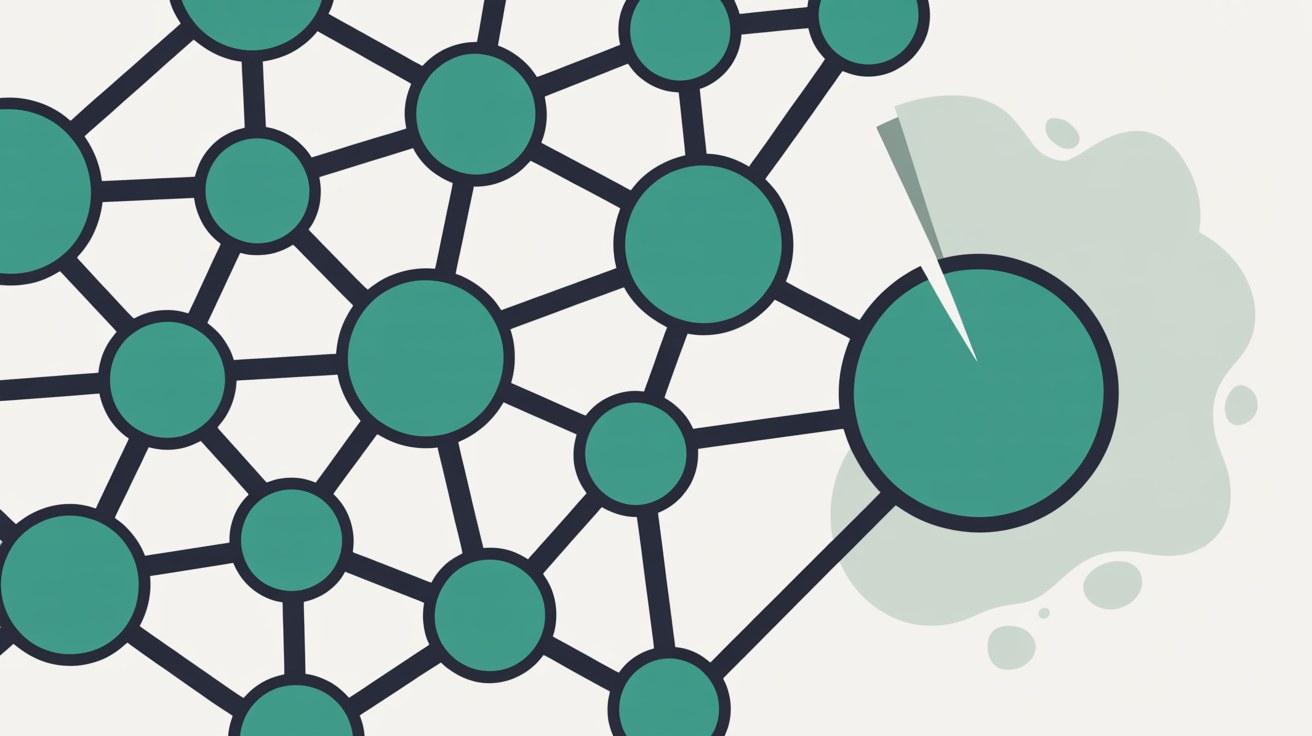Abstract network of teal nodes on a warm grey background with one node broken away and greyed out, suggesting a compromised point in a connected system