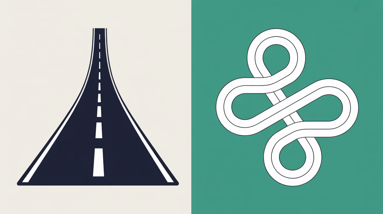 Clean flat illustration of two contrasting paths, one simple and direct, one winding with multiple obstacles, in teal on warm grey
