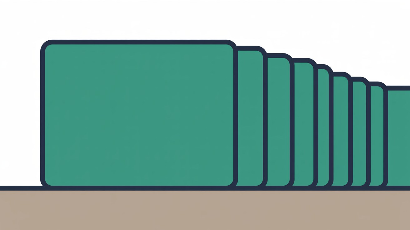 Flat illustration of one large teal panel in front of a receding row of smaller teal panels outlined in navy, above a warm grey band