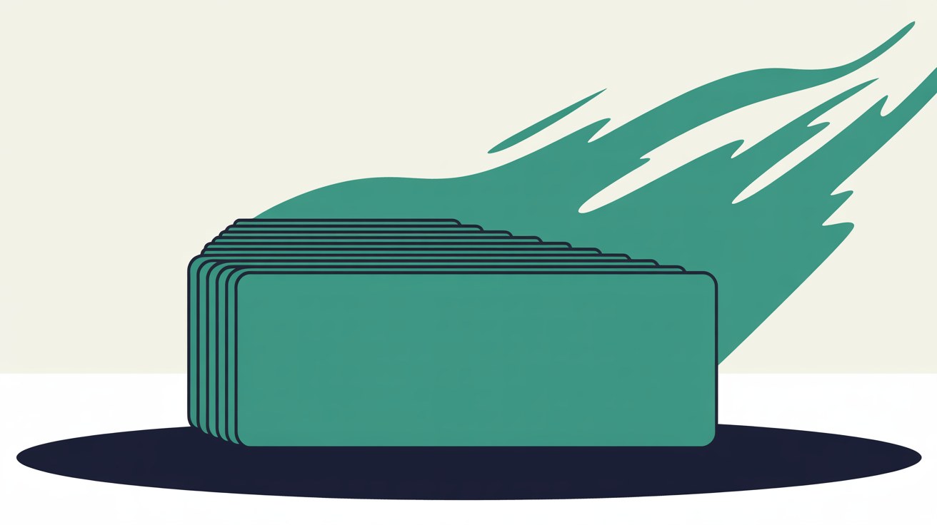 Flat illustration of a stack of teal rounded panels on a navy shadow, with teal streaks sweeping upward behind them on an off-white background