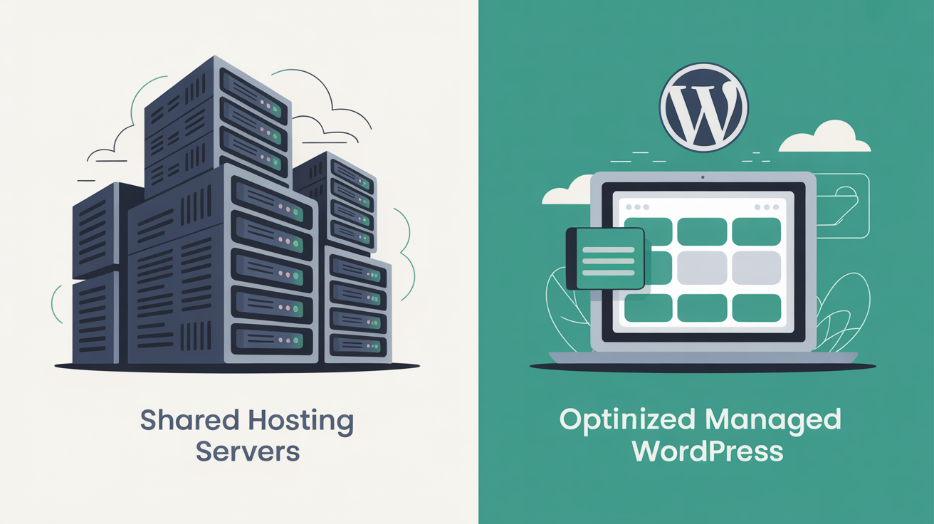 Split-screen comparison showing overcrowded shared hosting servers versus optimised managed WordPress infrastructure