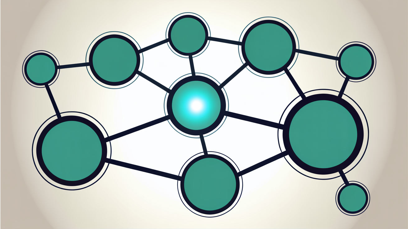 Abstract illustration of interconnected teal nodes on a warm grey background, one node highlighted, suggesting a signal passing between connected systems