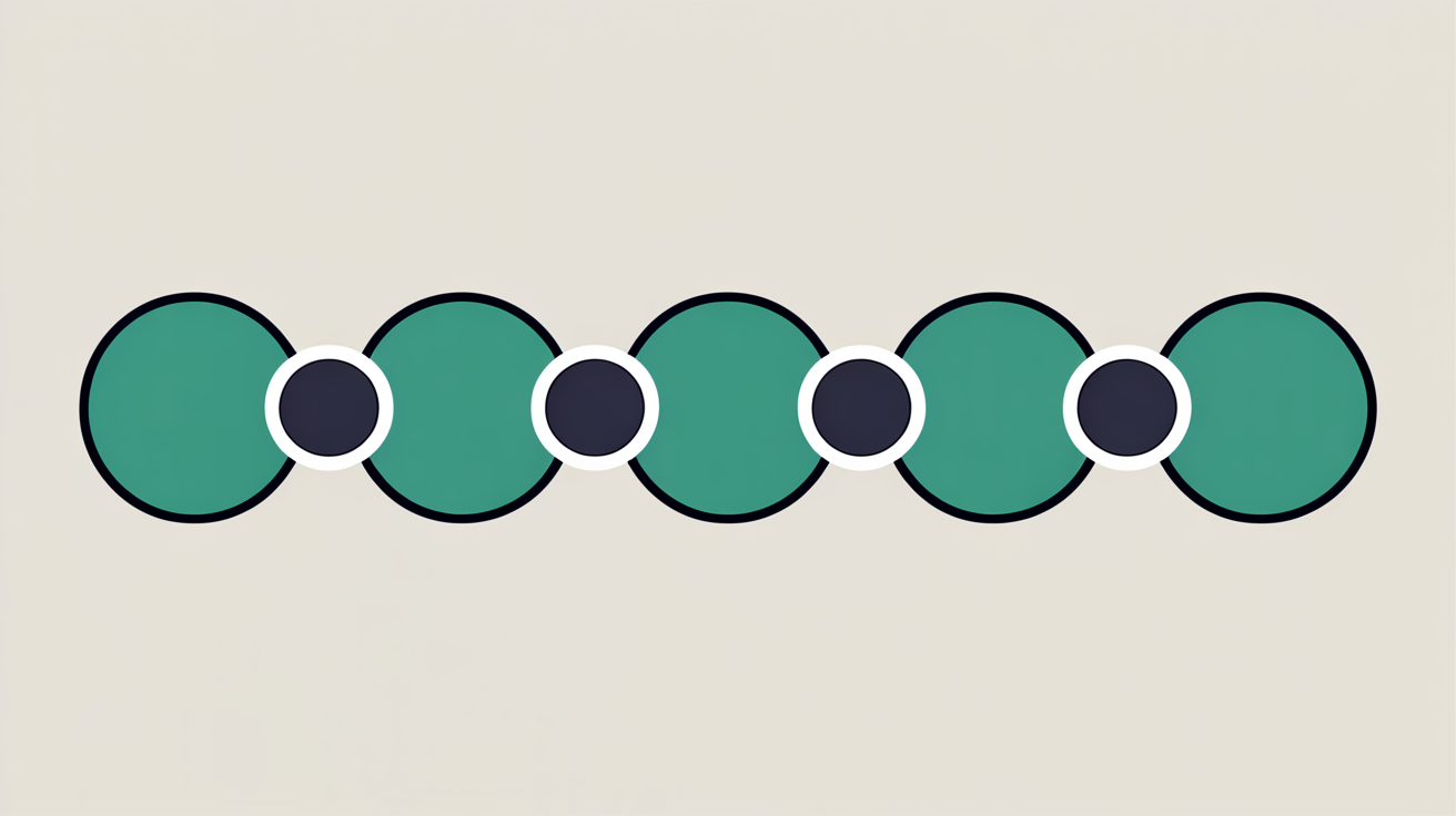 Abstract flat illustration of five small teal circles connected in a simple ordered sequence on a warm stone grey background, suggesting a step-by-step process
