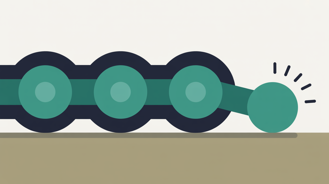 Abstract flat illustration of interconnected teal circles forming a chain, with one link separating from the group on a warm grey background