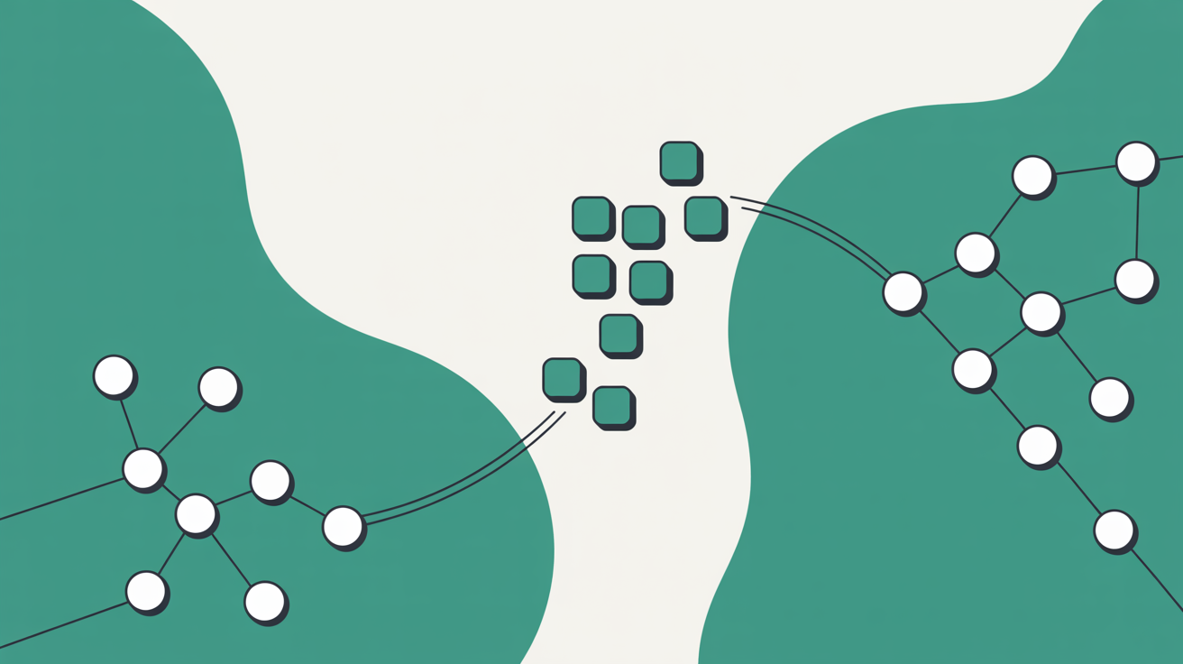 Abstract flat illustration of small teal boxes migrating in a curved path from one cluster of nodes to another, on a warm grey background