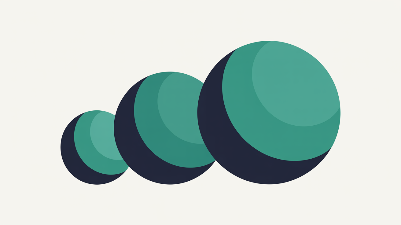 Three overlapping teal and navy circles increasing in size across a warm grey background