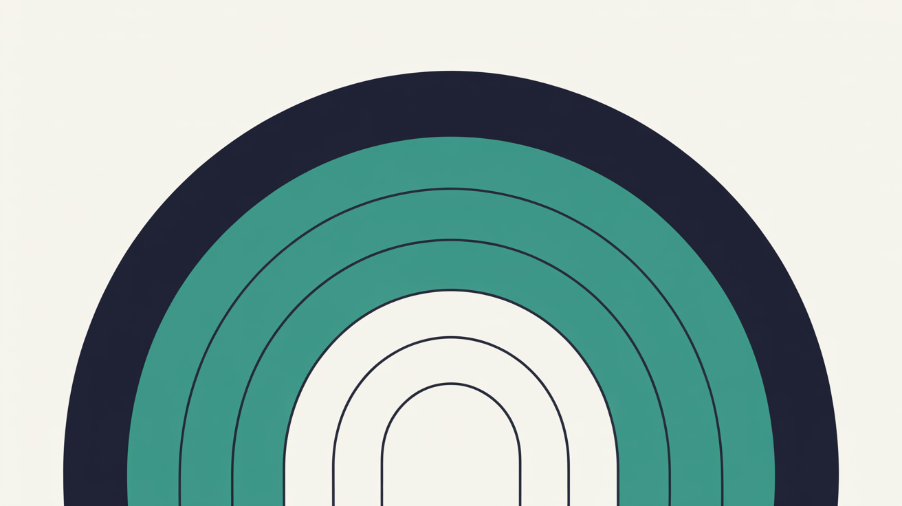 Layered concentric arcs in teal on warm grey, suggesting an ordered sequence of checks