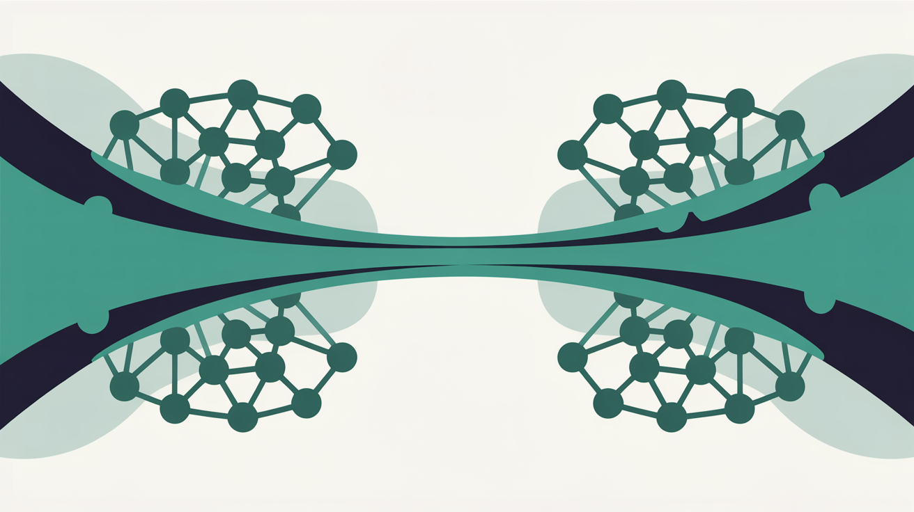 Abstract network of teal nodes on warm grey with an open channel running between two clusters