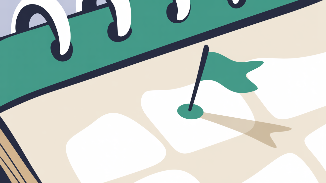 Abstract illustration of a calendar page with a small teal flag marking a distant date, warm grey background