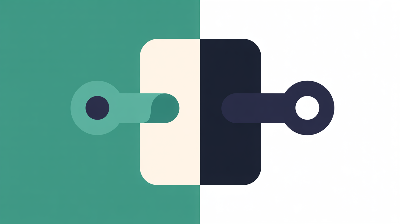 Abstract flat illustration of a door with a teal handle on the way in but a heavier lock on the way out, warm grey background