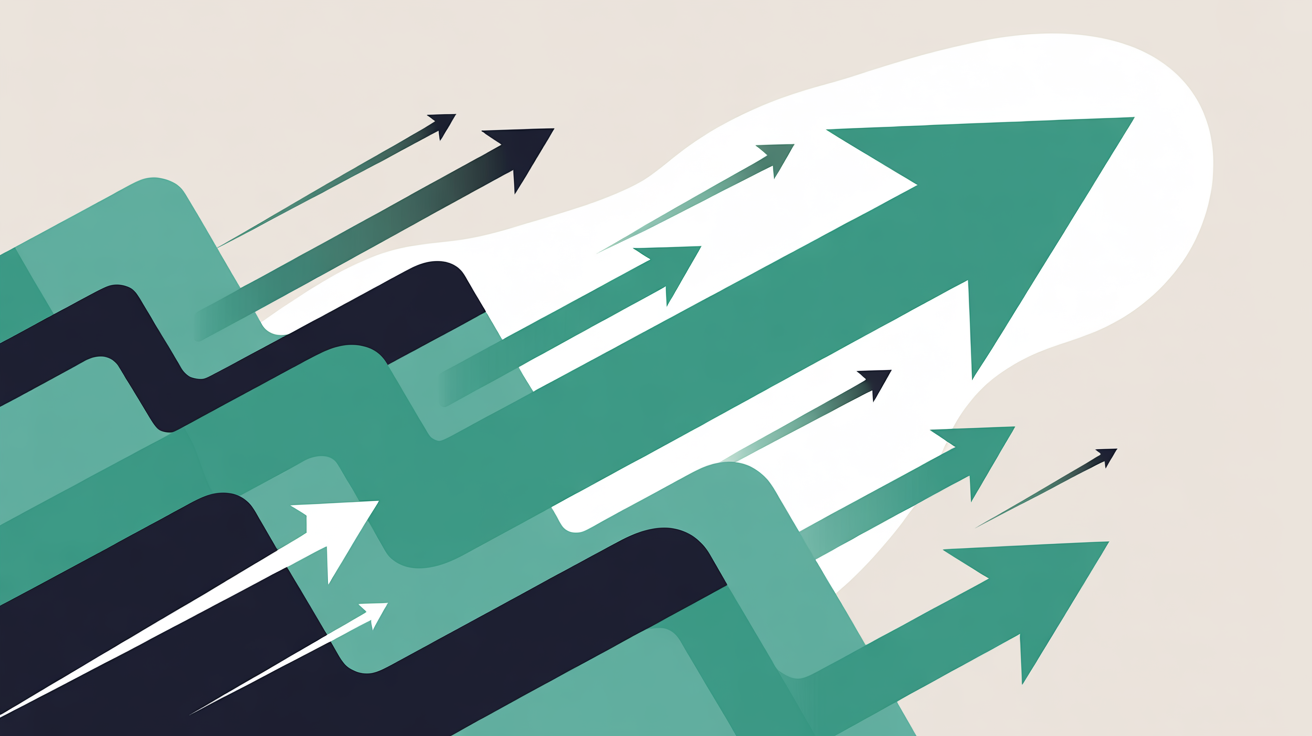 Abstract teal arrows accelerating upward through geometric shapes on a warm grey background suggesting website speed and performance