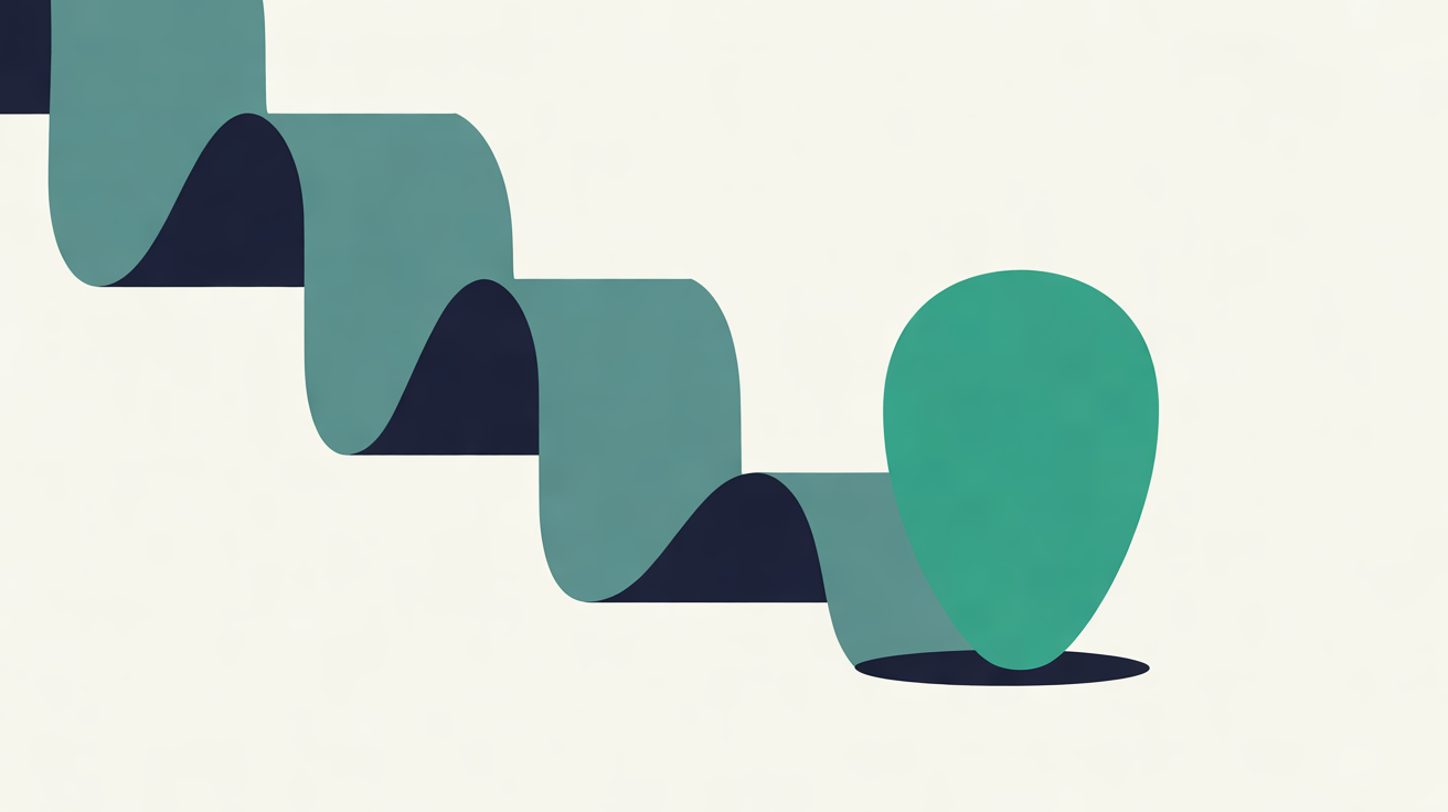 Flat illustration of a teal ribbon stepping down the frame like a staircase towards a single green rounded shape at the bottom
