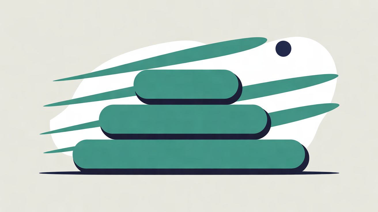 Flat illustration of three stacked teal rounded bars with teal streaks sweeping past them on a warm grey background