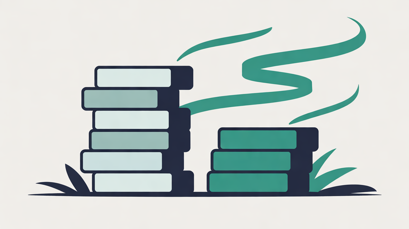 Flat illustration of a tall stack of pale grey and navy blocks beside a shorter teal stack, with teal ribbons curling above it on a warm stone background
