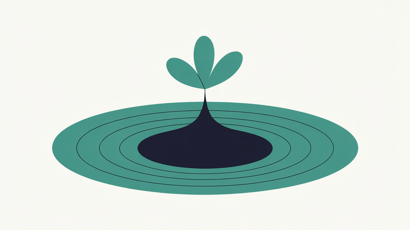 Abstract flat illustration of a rooted teal form anchored to solid ground with soft concentric circles radiating outward on a warm grey background, suggesting local trust and recognition
