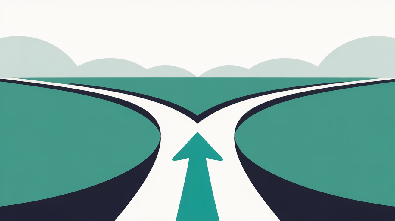 Minimal flat illustration of a single abstract fork splitting into two gentle directions over a warm grey field, with a teal accent marking one path, suggesting a clear decision
