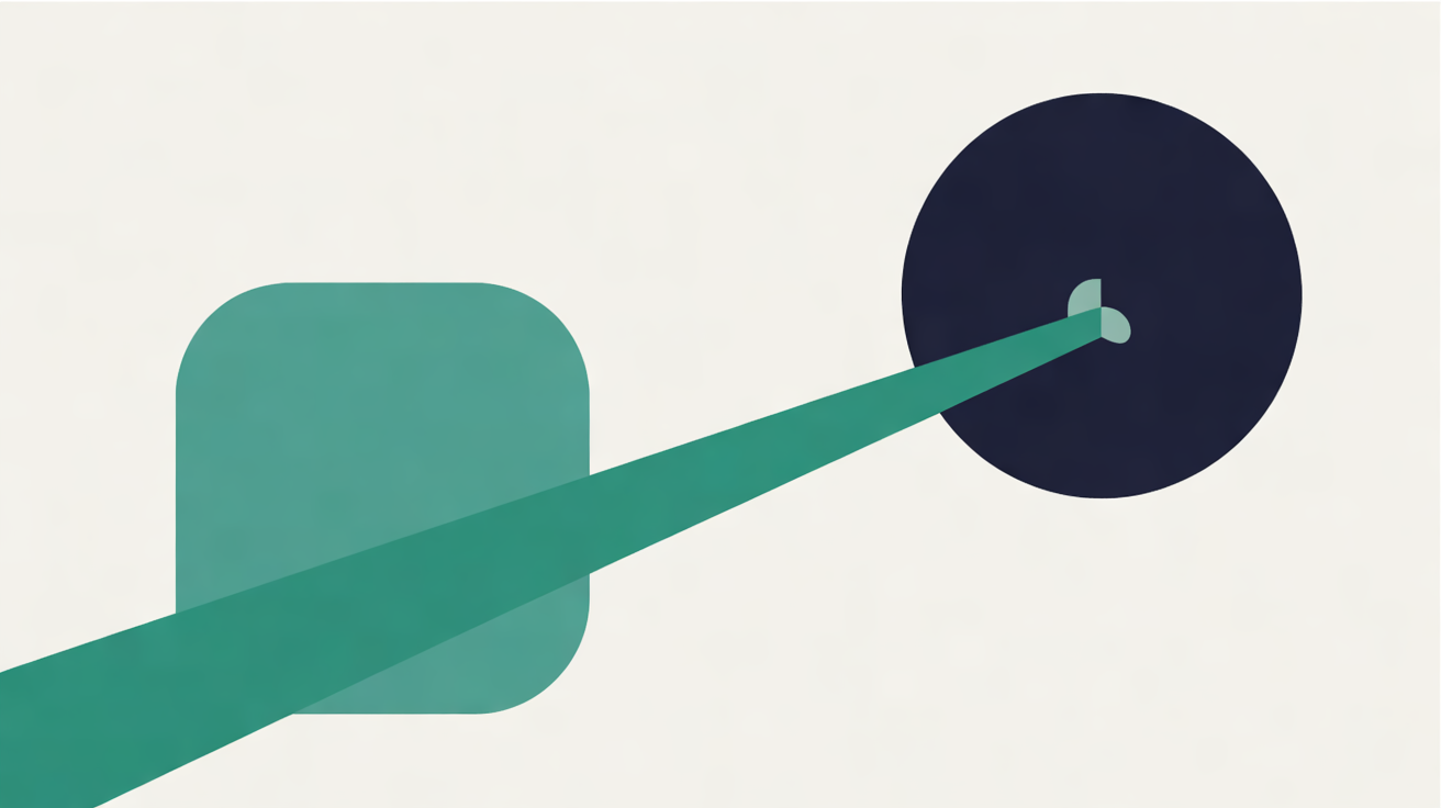 Flat illustration of a teal rounded square crossed by a broad teal beam that stretches to a deep navy circle, on a warm grey background