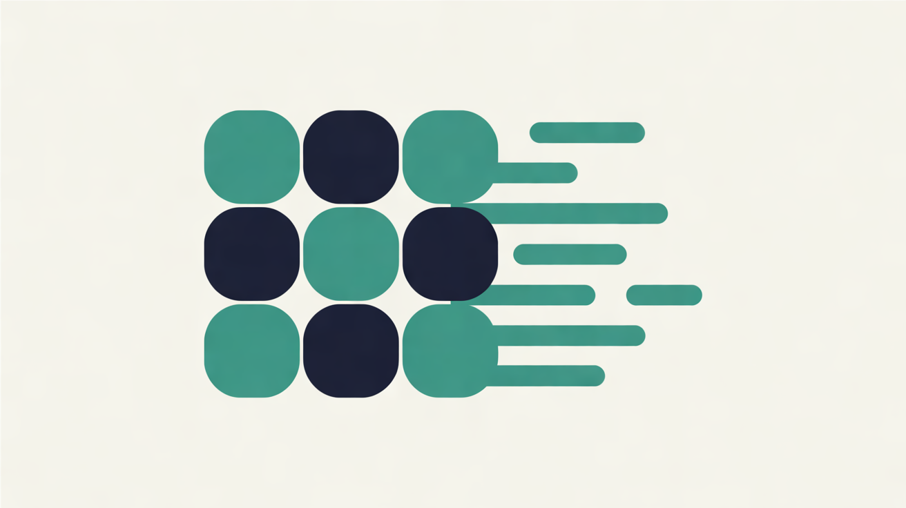Flat illustration of a three-by-three grid of rounded teal and navy tiles with horizontal teal lines streaming to the right, on a warm off-white background