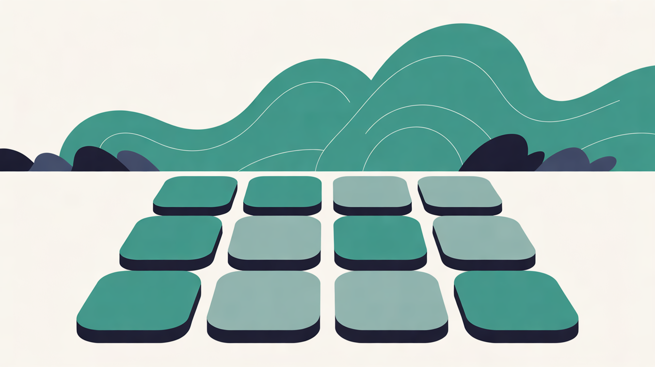 Flat illustration of a grid of twelve rounded teal tiles, several faded to pale grey-green, in front of rolling teal hills on a warm off-white background