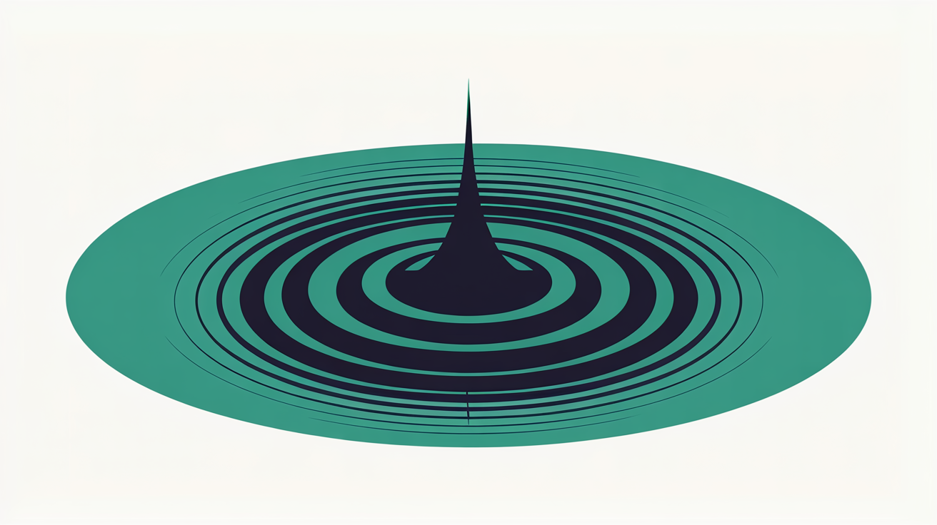 Abstract flat illustration of a single teal ripple radiating outward from a point of contact on a warm grey background