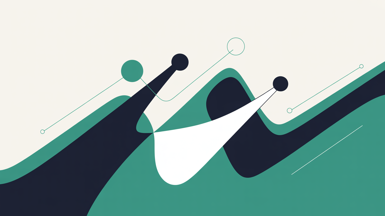 Abstract flat illustration of interconnected shapes and flowing teal lines suggesting linked pathways on a warm grey background