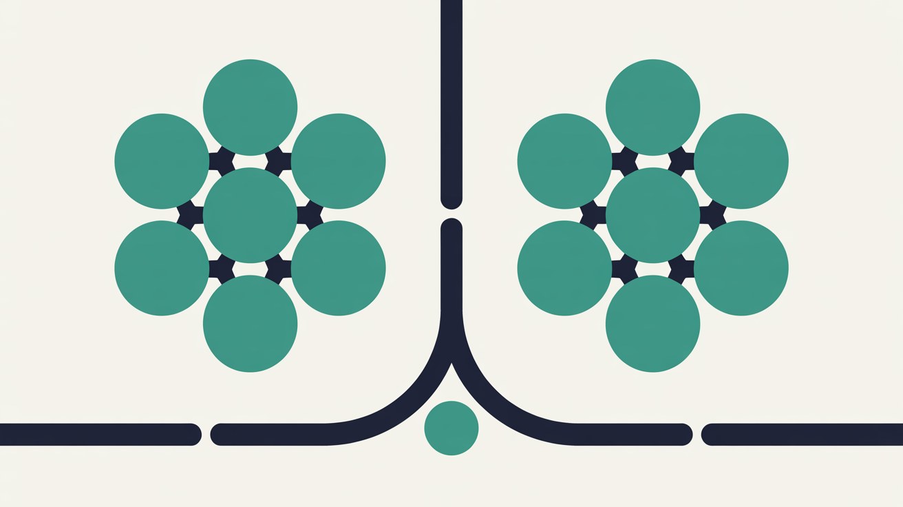 Two clusters of teal circular nodes on a warm grey background, joined by a line that breaks in the middle and reroutes downward to a small separate node