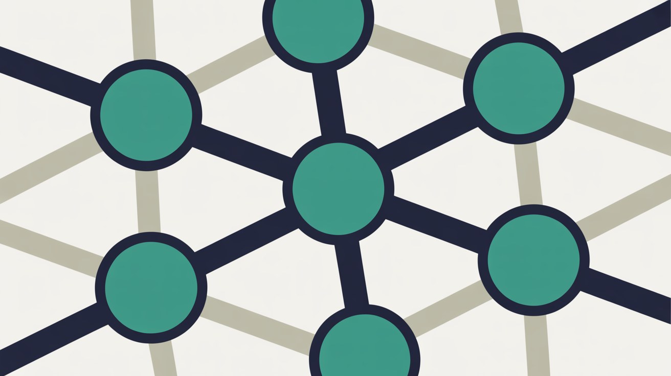 Network of teal nodes where one set of connections is drawn as bold unbroken navy lines while the surrounding routes stay faint