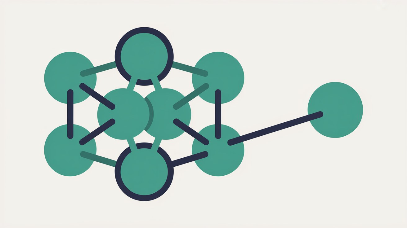 Flat illustration of a network of teal nodes on a warm grey background with one connection branching away from the cluster to an isolated node