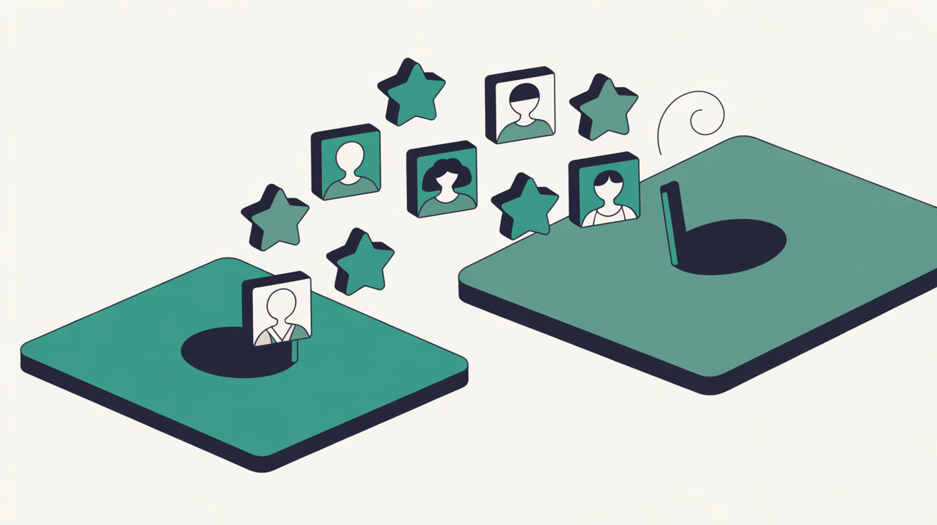 Abstract flat illustration of a webpage with stars, review snippets and customer photographs being lifted from a Google interface and placed onto a separate website surface, all in teal on a warm grey background
