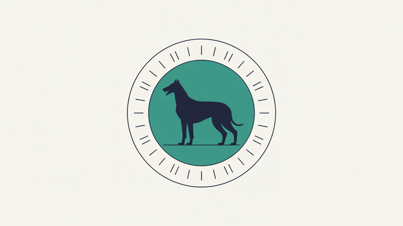 Flat illustration of a wolfhound silhouette inside a circular trust badge, with subtle Irish-themed geometric patterns radiating outward in teal on a warm grey background