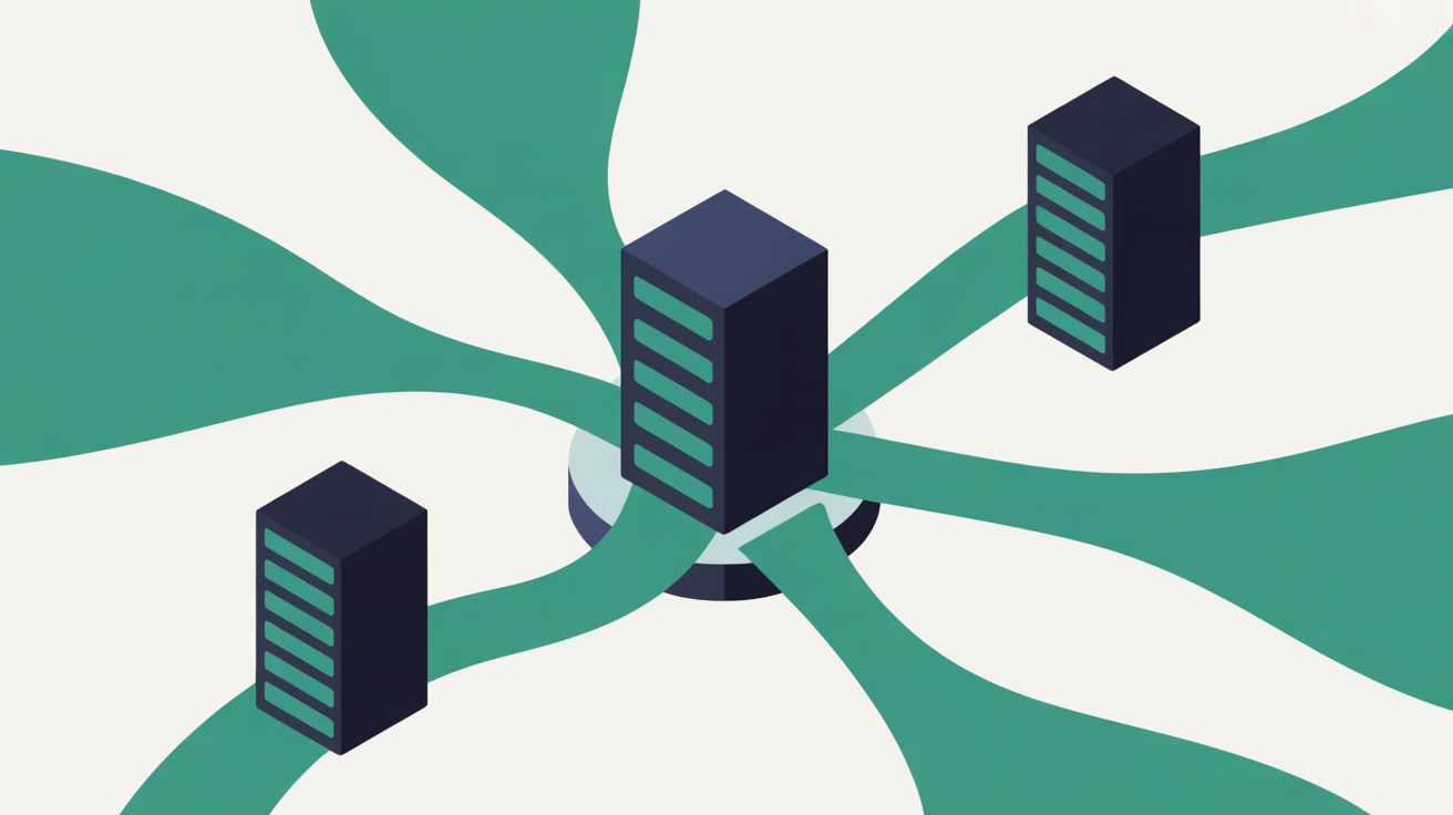 Abstract server nodes connected by flowing lines with one highlighted central node representing local data infrastructure