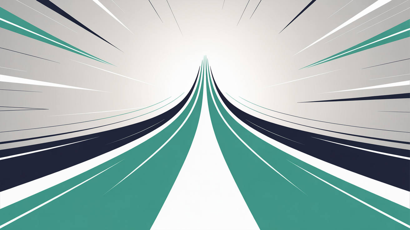 Flowing teal lines accelerating upward suggesting speed and fast data delivery on a warm grey background