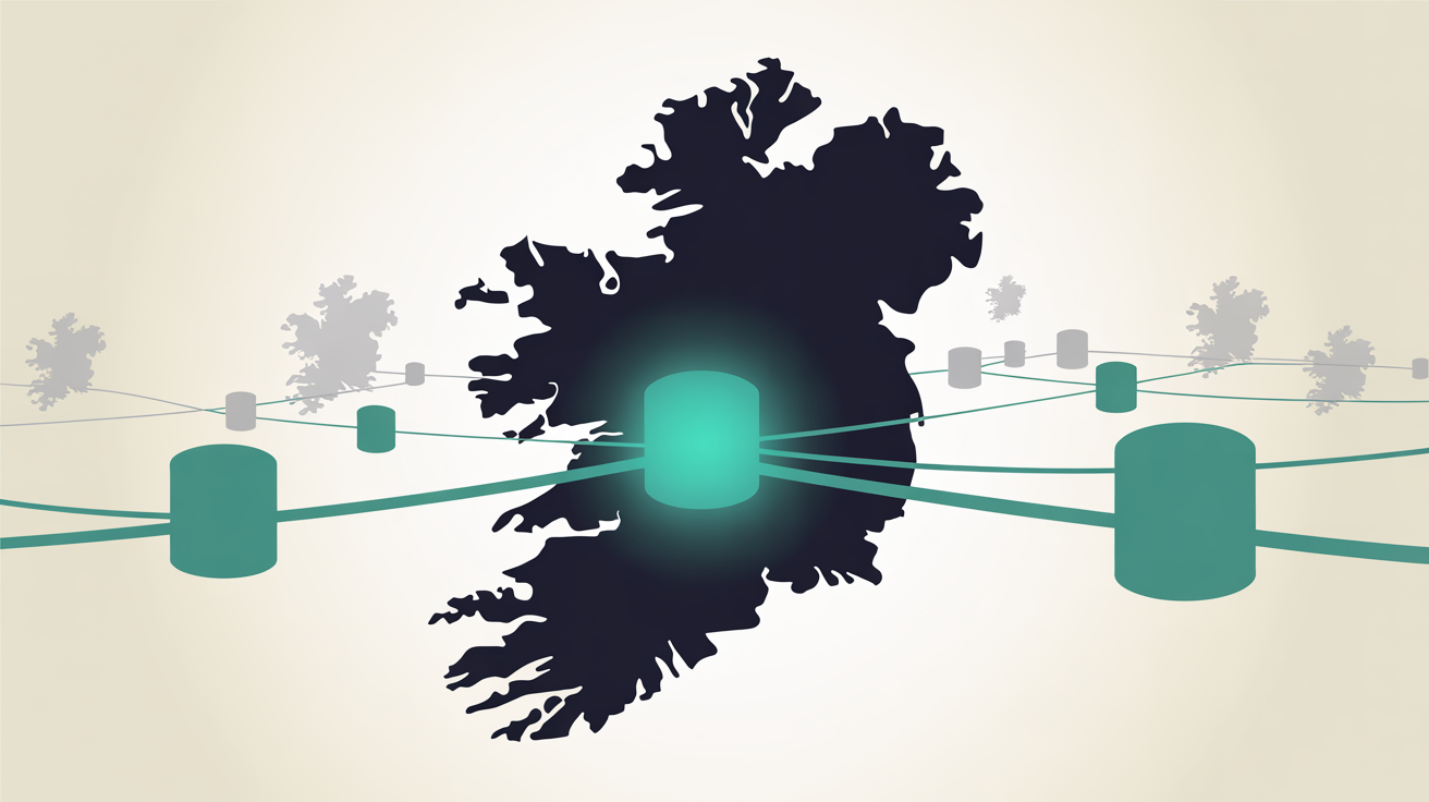 Abstract flat illustration of Ireland with connected teal nodes representing local hosting infrastructure