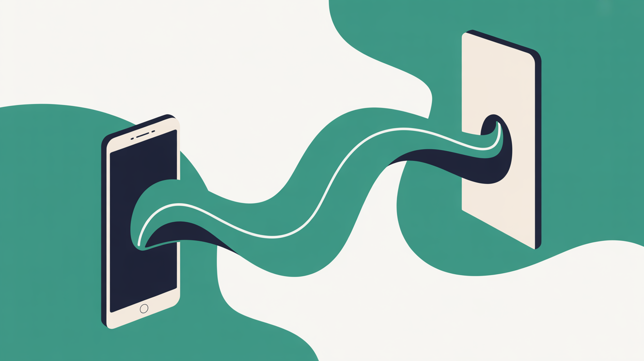 Abstract flat illustration of flowing teal lines connecting a mobile phone shape to a doorway shape on warm grey background