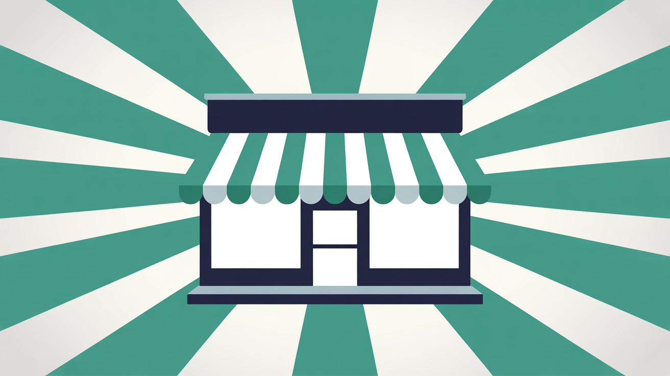 Flat illustration of a simplified storefront with radiating teal lines extending outward like a digital signal on warm grey background