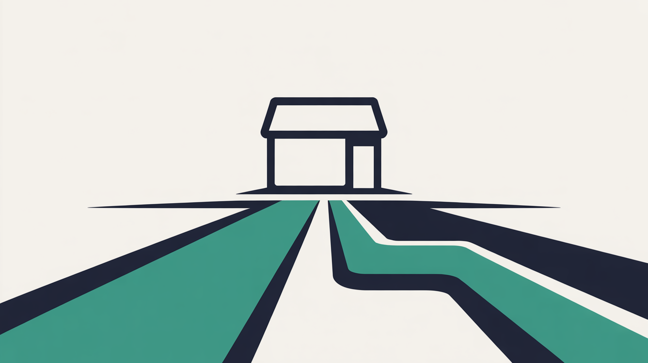 Abstract flat illustration of digital pathways converging on a shopfront, teal lines on warm grey background