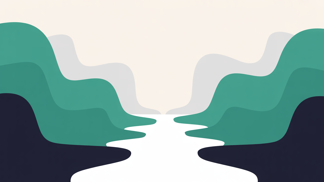 Abstract flat illustration of barriers dissolving into open pathways with teal accents on warm grey background