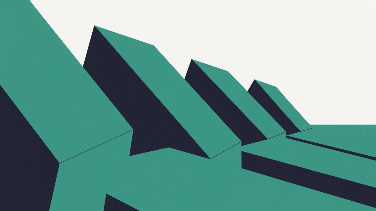 Teal geometric blocks scattered across a warm grey background depicting a wall coming apart