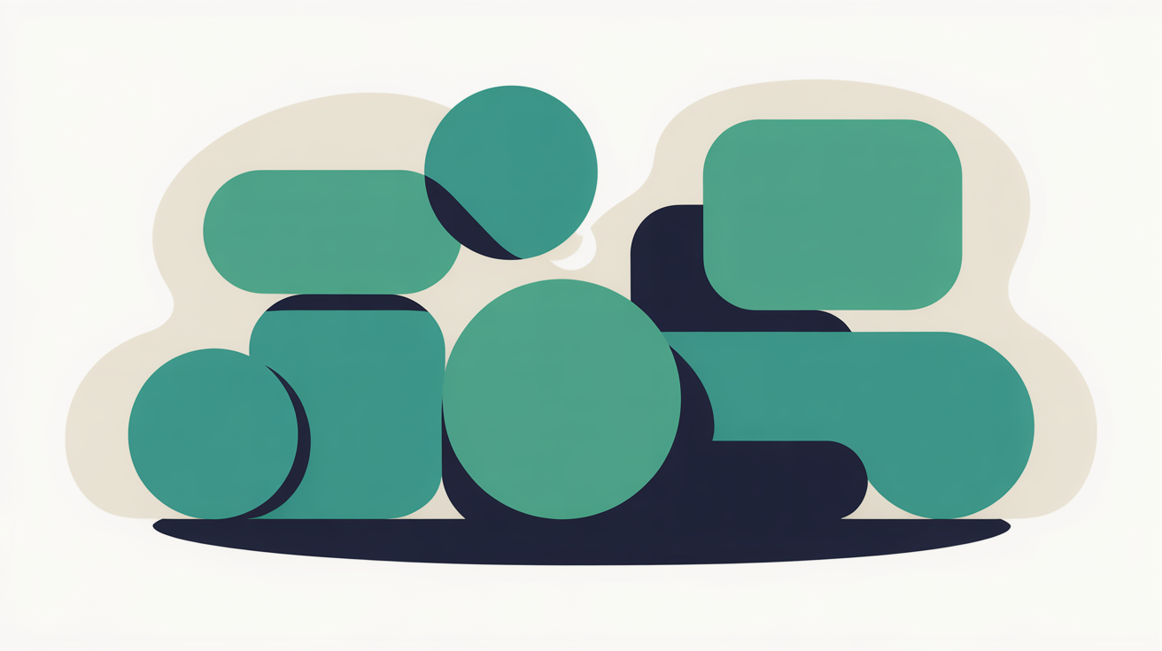 Flat geometric shapes arranged to suggest interconnected commerce and reach across distance