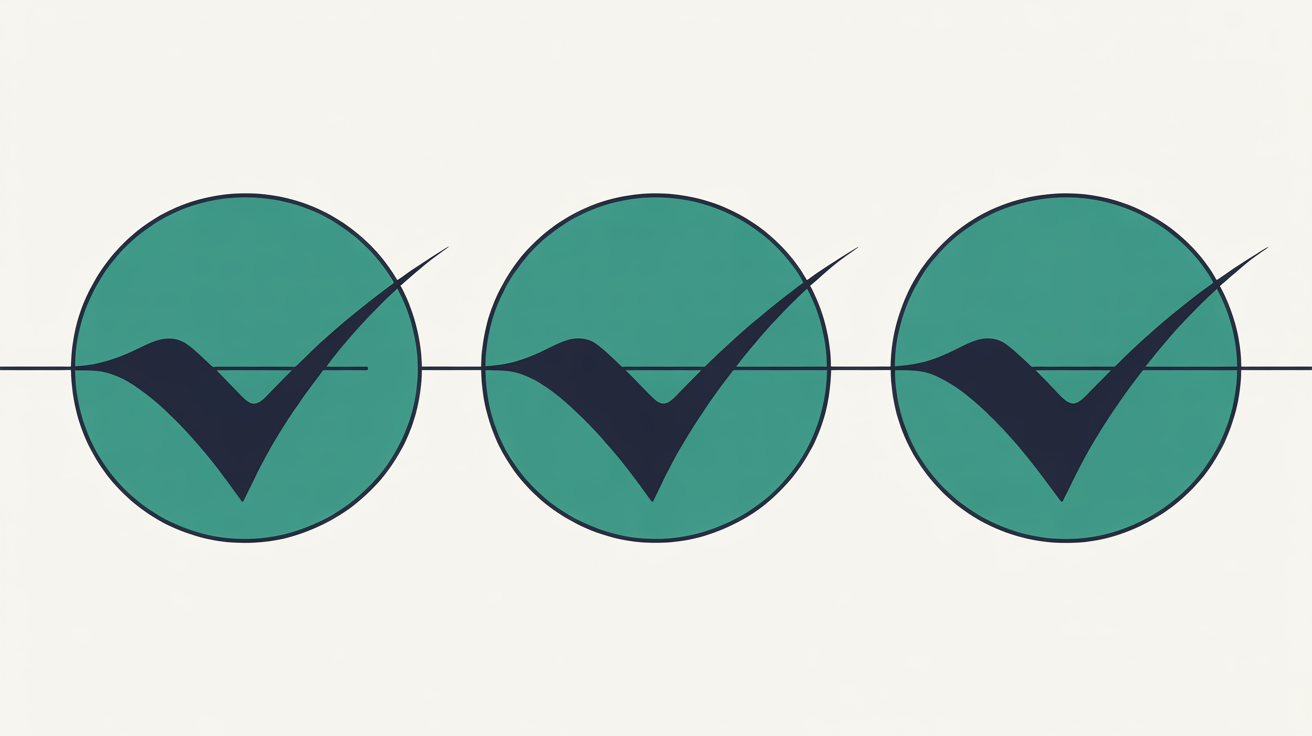 Three connected teal circles representing verification checkpoints arranged on a warm grey background
