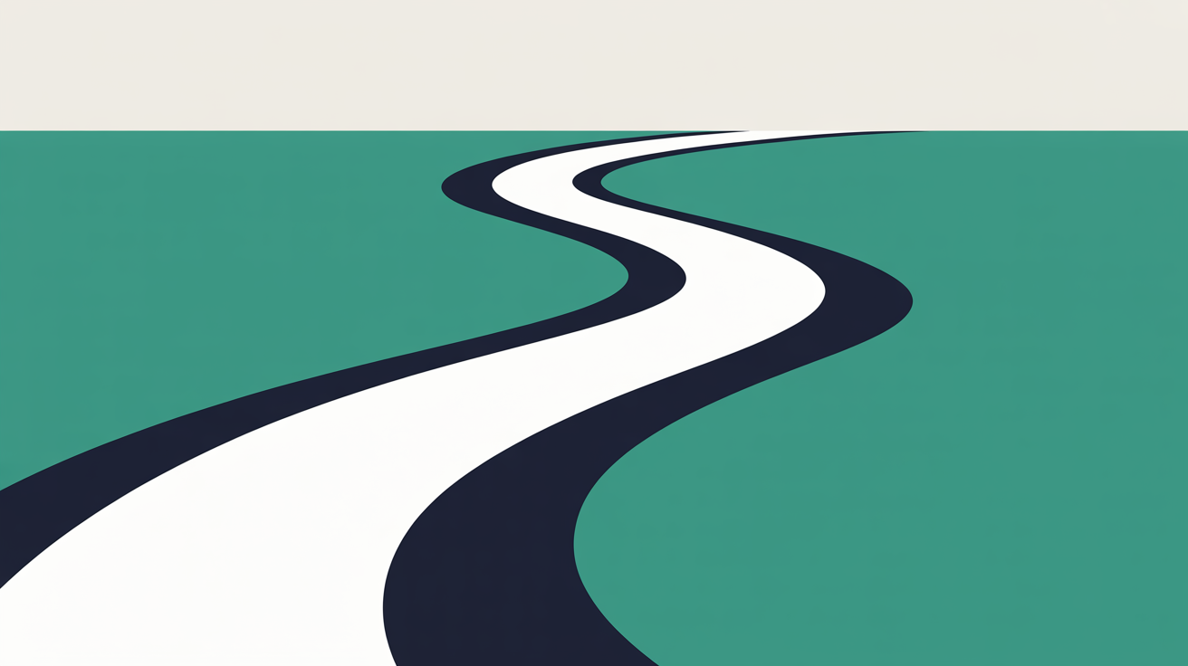 Abstract illustration of two overlapping paths merging into one clear route, teal lines on warm grey background