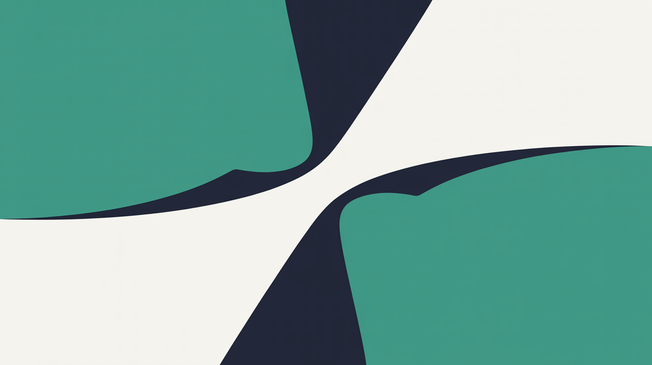 Abstract flat illustration of two overlapping paths converging into a single stronger line, teal accent on warm stone grey background