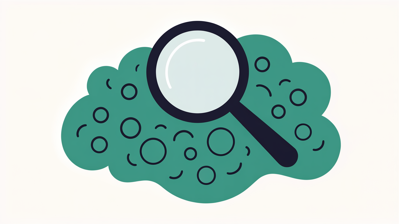 Abstract flat illustration of a magnifying glass hovering over scattered teal text lines on a warm grey background, suggesting search query discovery