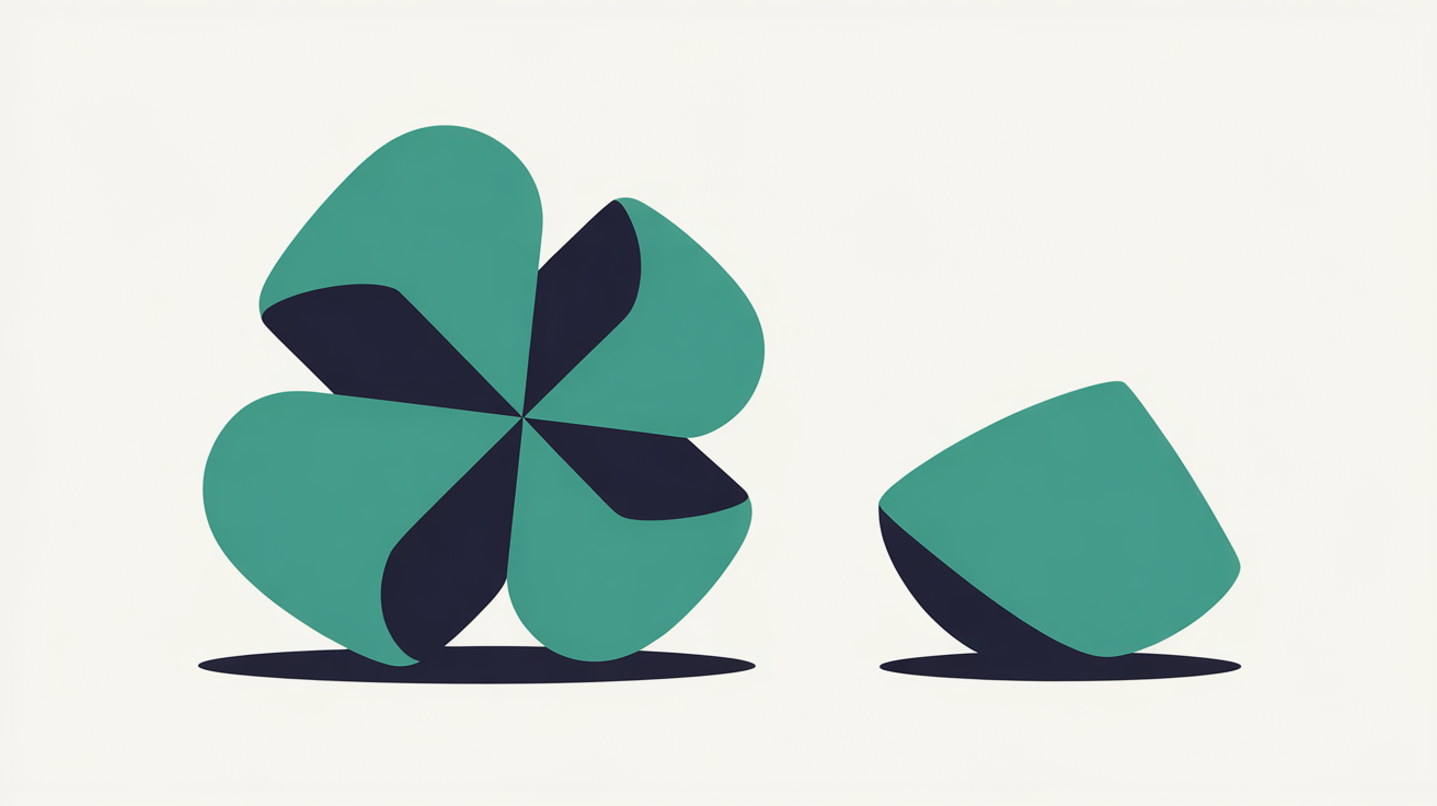 Abstract flat illustration of two contrasting shapes — one complex layered form, one clean minimal circle — on warm grey background