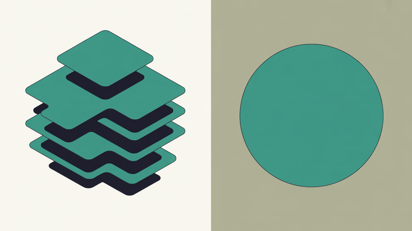 Two contrasting abstract shapes on warm grey background — one complex and layered, one clean and simple — illustrating the scale difference between enterprise and small business hosting