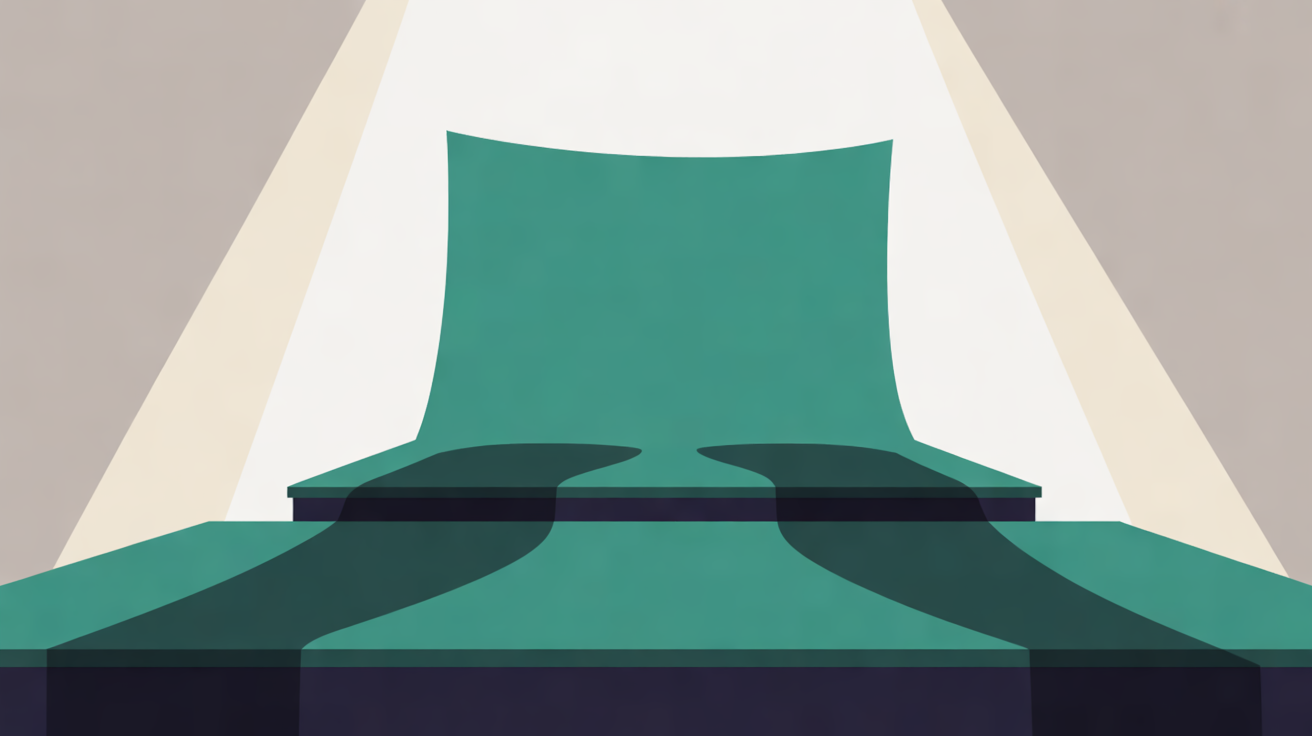 Flat illustration of one teal sheet casting shadows onto two raised platforms of different sizes, with a beam of light falling on the larger one