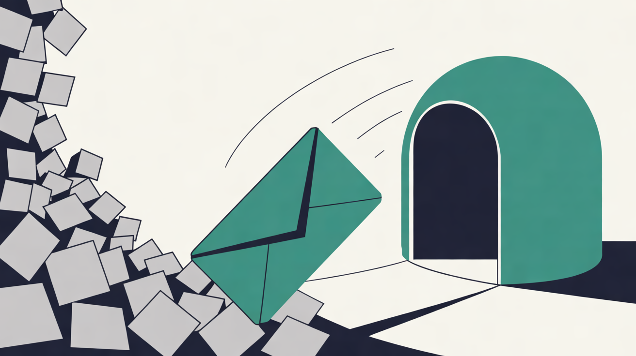 Flat illustration of a teal envelope moving away from a busy pile of grey shapes towards a rounded teal enclosure with an open doorway