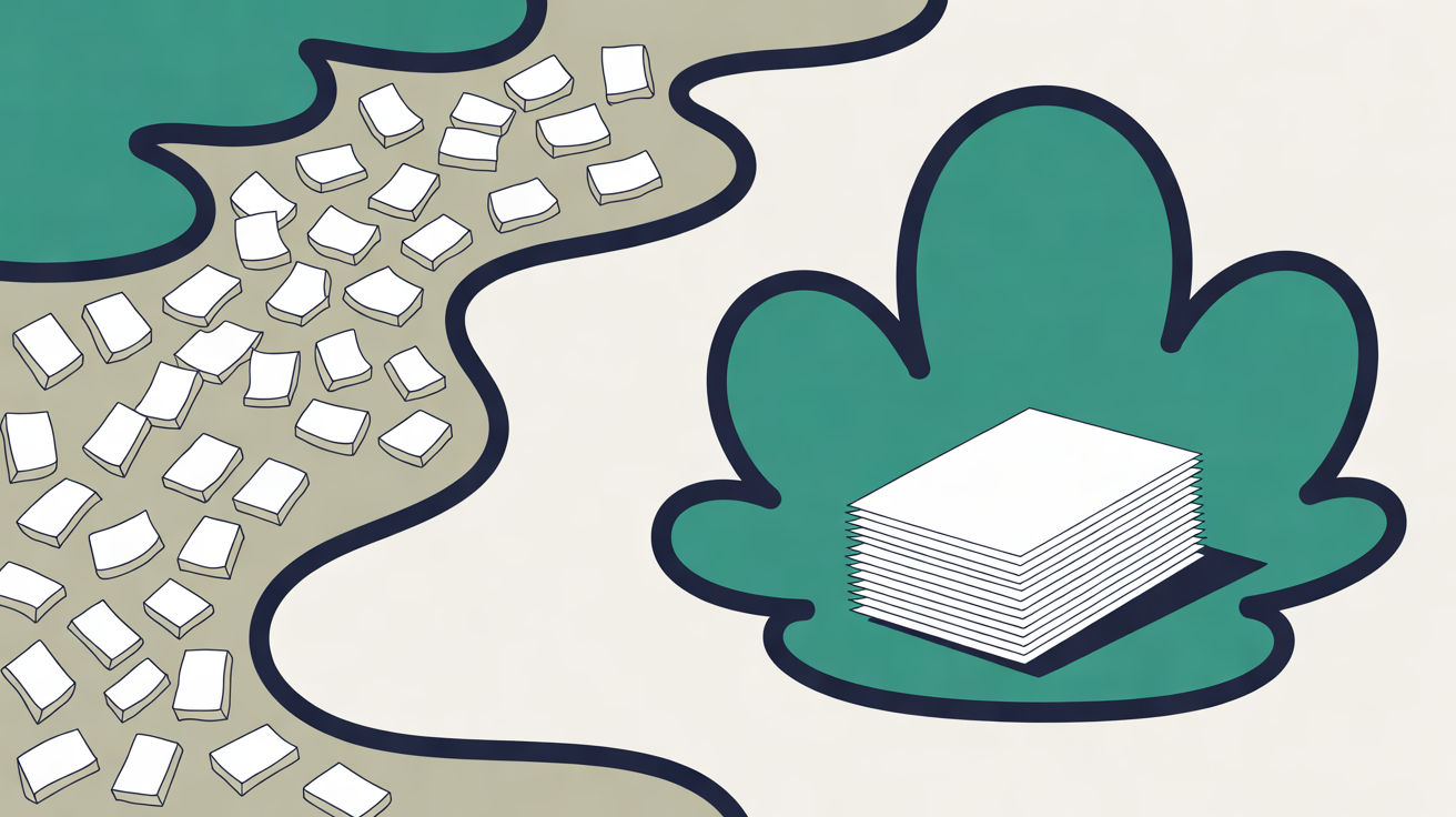 Flat illustration of scattered white tiles drifting along a grey stream beside a neat stack of paper resting inside a rounded teal enclosure